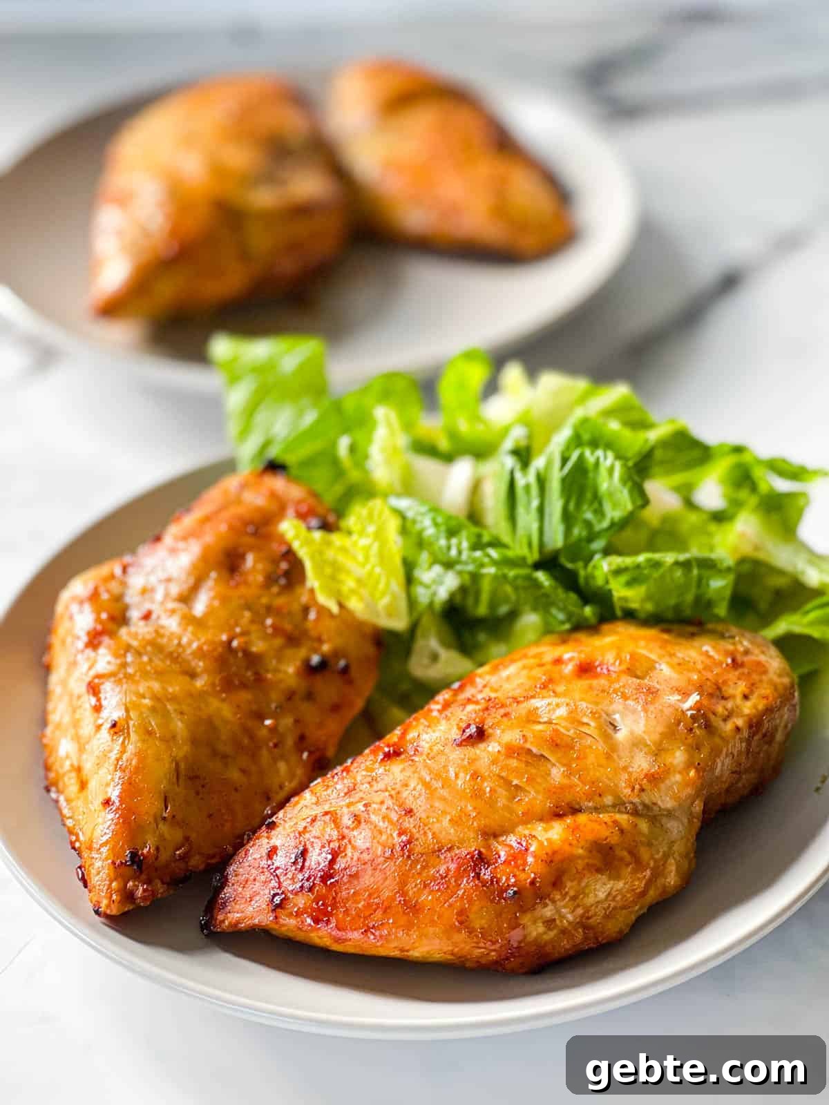 Air fried chicken breasts on a plate with a green salad.
