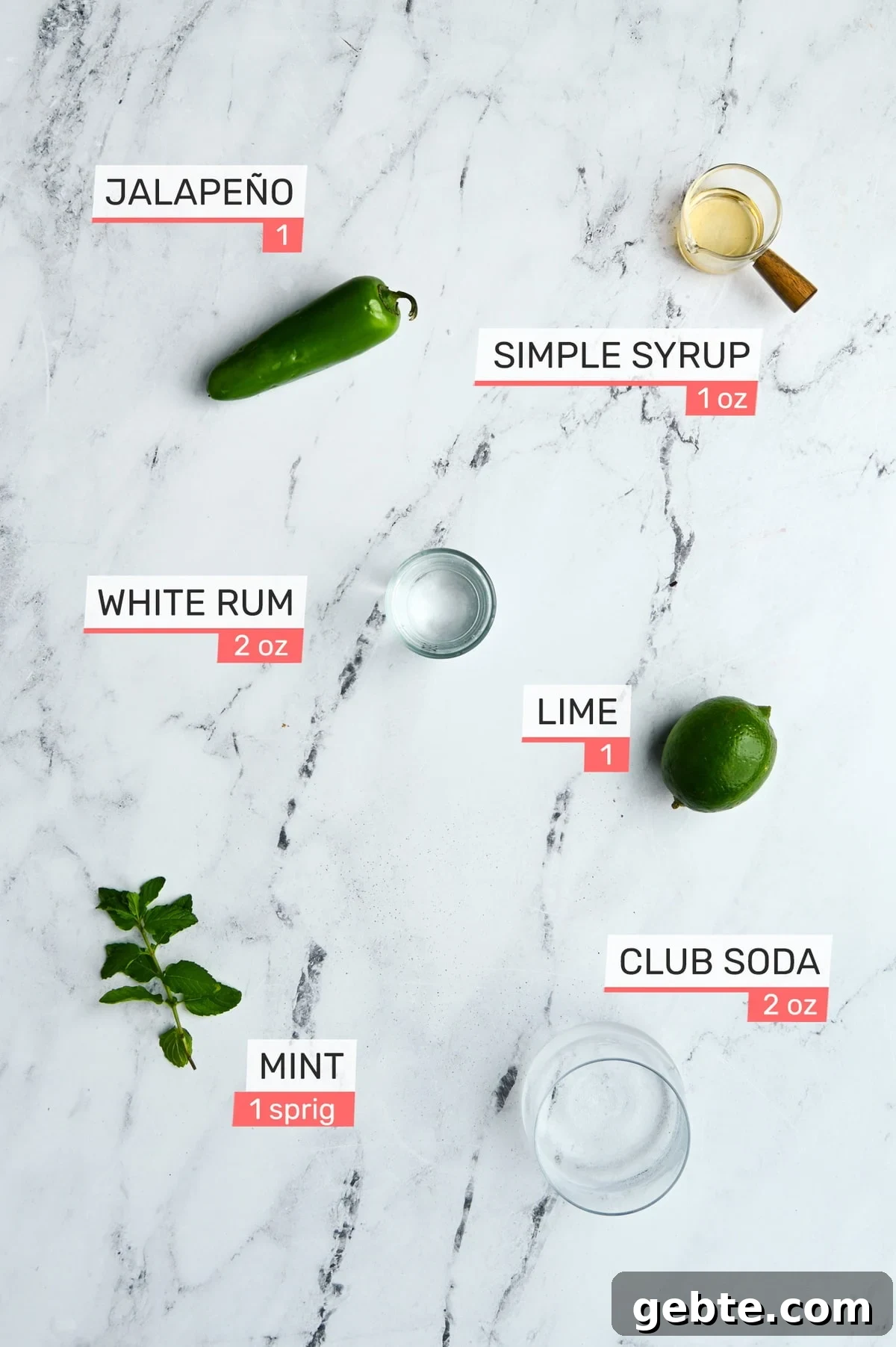 jalapeno, simple syrup, lime, white yum, mint, club soda