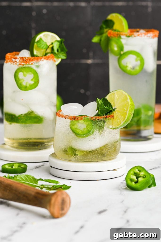 3 spicy mojitos in three different glasses on marble coasters