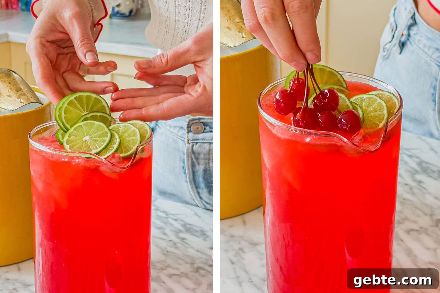 the pitcher being garnished with lime wheels and maraschino cherries