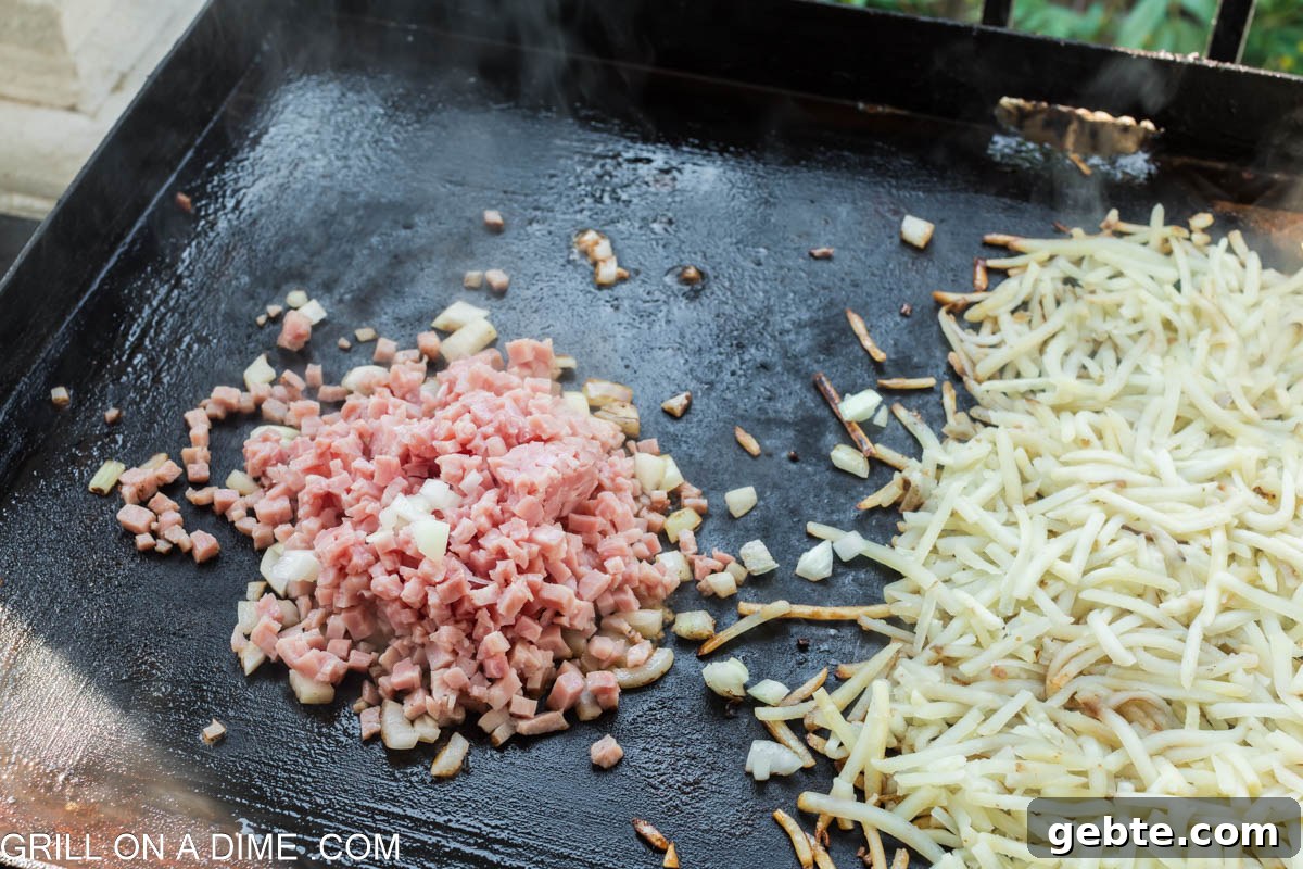 Adding diced ham to the griddle