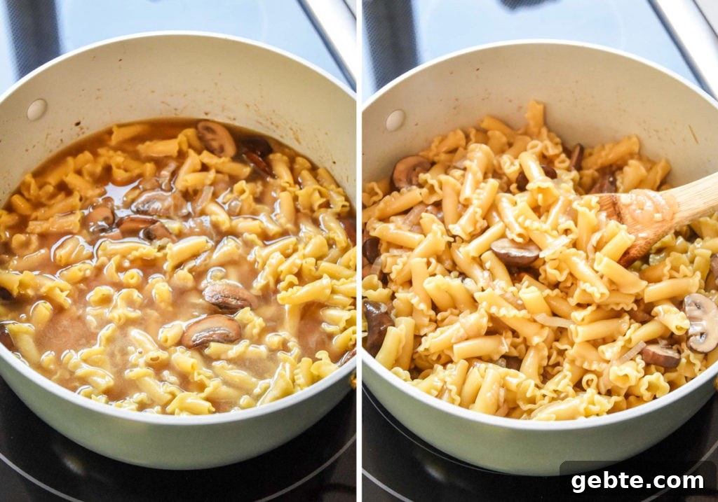 before and after cooking the pasta in one pot on the stove.