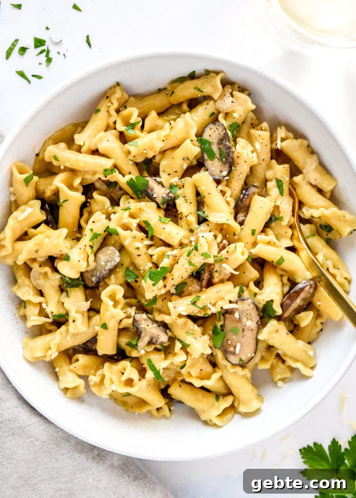 a bowl of one pot creamy mushroom pasta with parmesan cheese and parsley on top.