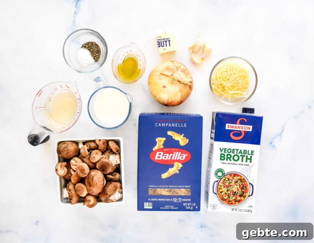 ingredients required to make the one pot creamy mushroom pasta.
