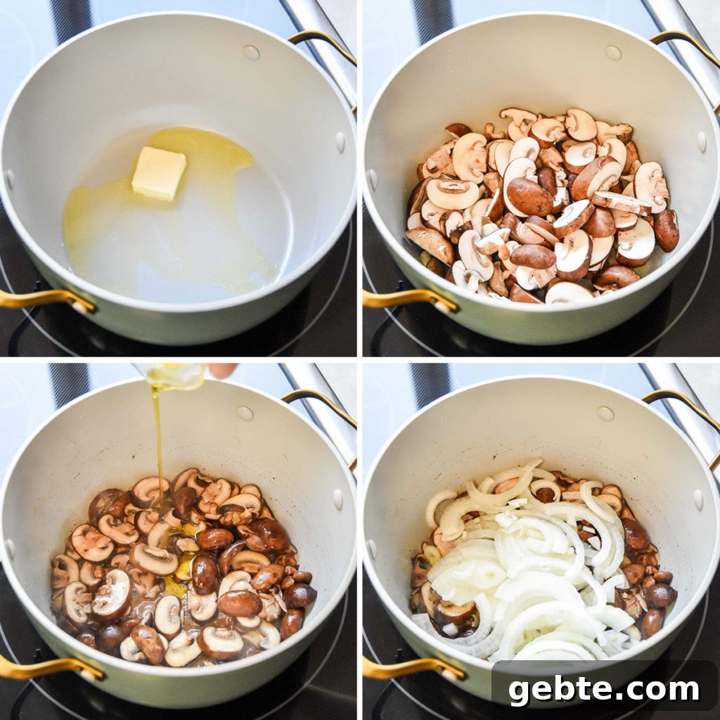 step by step of cooking mushrooms and onions in butter on the stovetop.