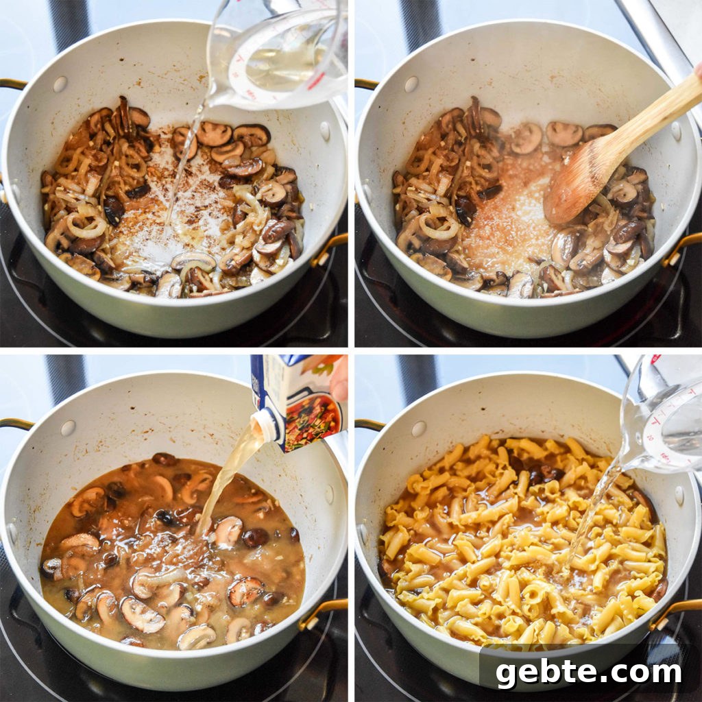 step by step of deglazing a pot after cooking mushrooms and onions.
