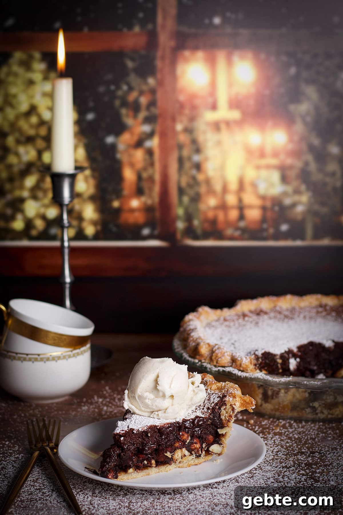 Decadent Chocolate Almond Pie Recipe — Crispy Crust & Rich Filling 2 A slice of chocolate almond pie topped with a scoop of vanilla ice cream.