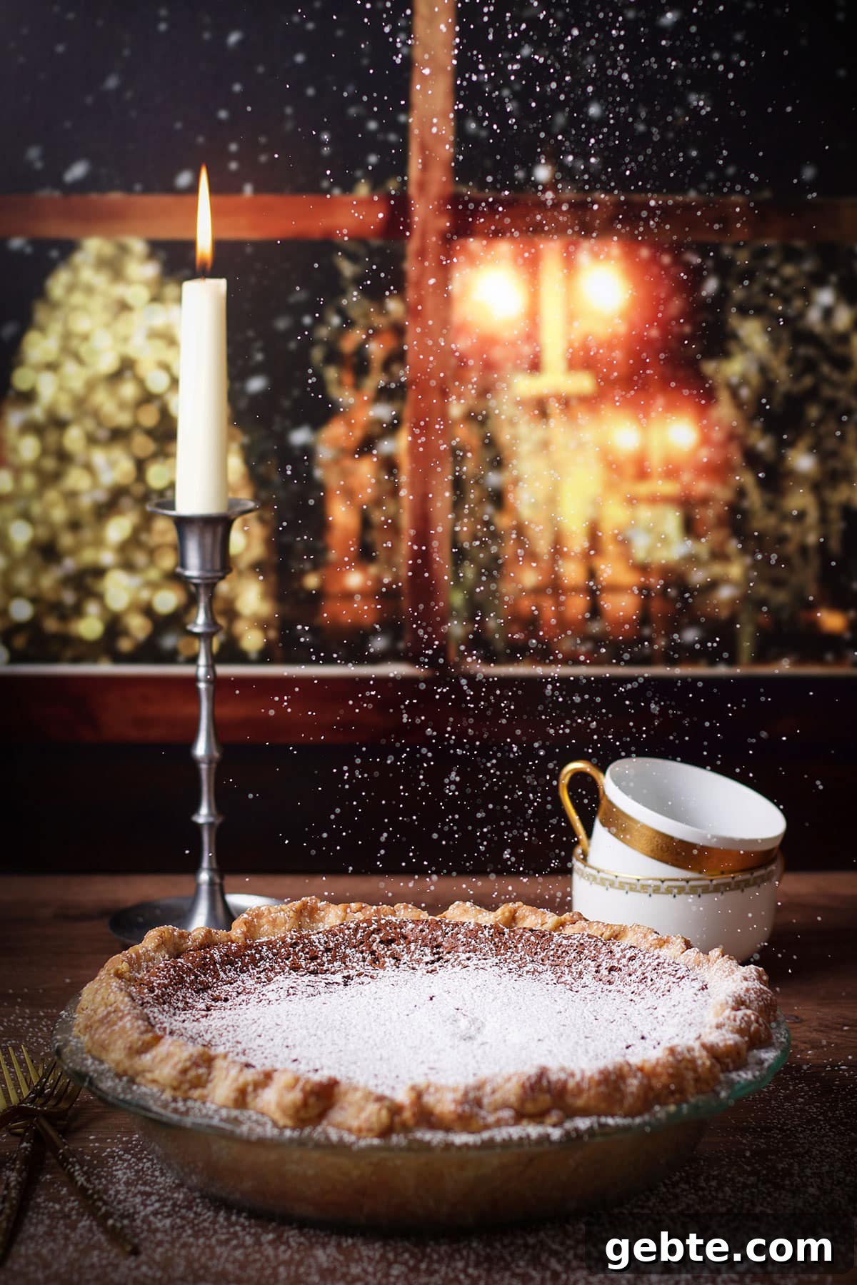 Decadent Chocolate Almond Pie Recipe — Crispy Crust & Rich Filling 12 Sprinkling powdered sugar over the top of a chocolate almond pie.