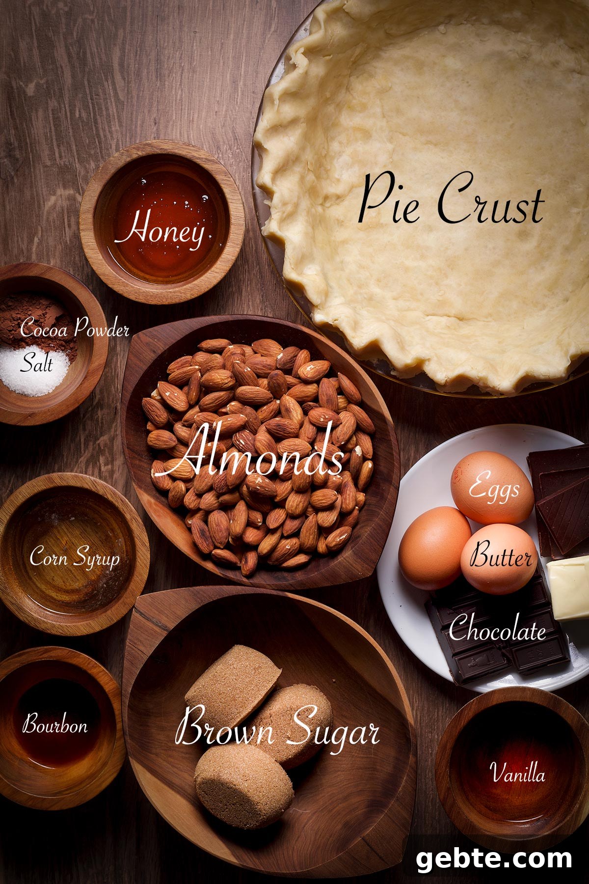 Decadent Chocolate Almond Pie Recipe — Crispy Crust & Rich Filling 4 All the ingredients needed to make a chocolate almond pie.