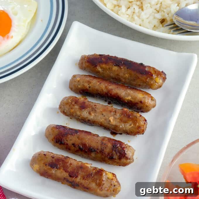 Homemade Skinless Longganisa Recipe: Filipino Sausage Without Casing 8 Skinless Longganisa on serving platter with plates of rice and fried eggs on the side