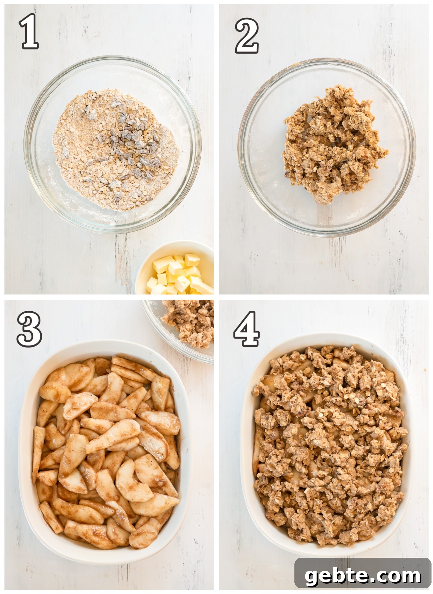 photo collage demonstrating how to make pear crisp with oat crumble topping.