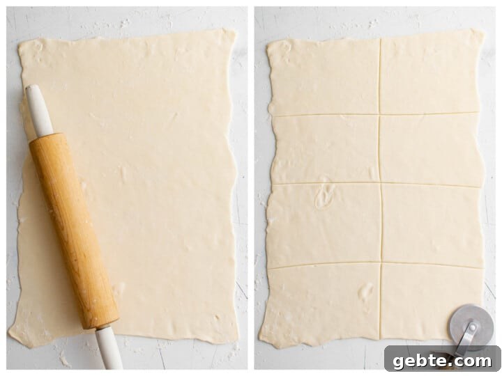 rolling out and slicing the puff pastry dough.