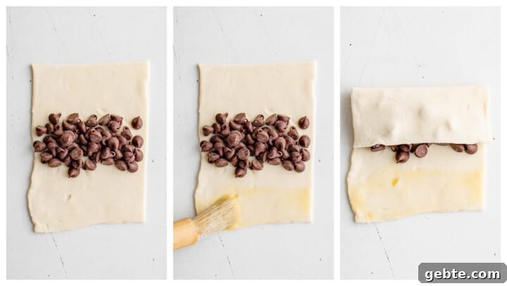 adding chocolate chips to the dough and buttering the edge.