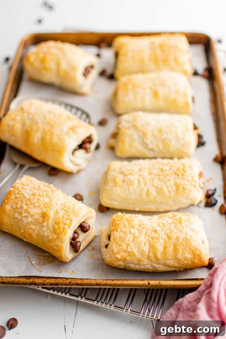 baked chocolate puff pastries on a baking sheet.
