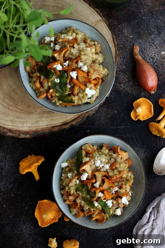 Easy Barley Risotto with Mushroom and Goat Cheese - in Bowls Flatlay with Mushrooms and Shallots around the Plates