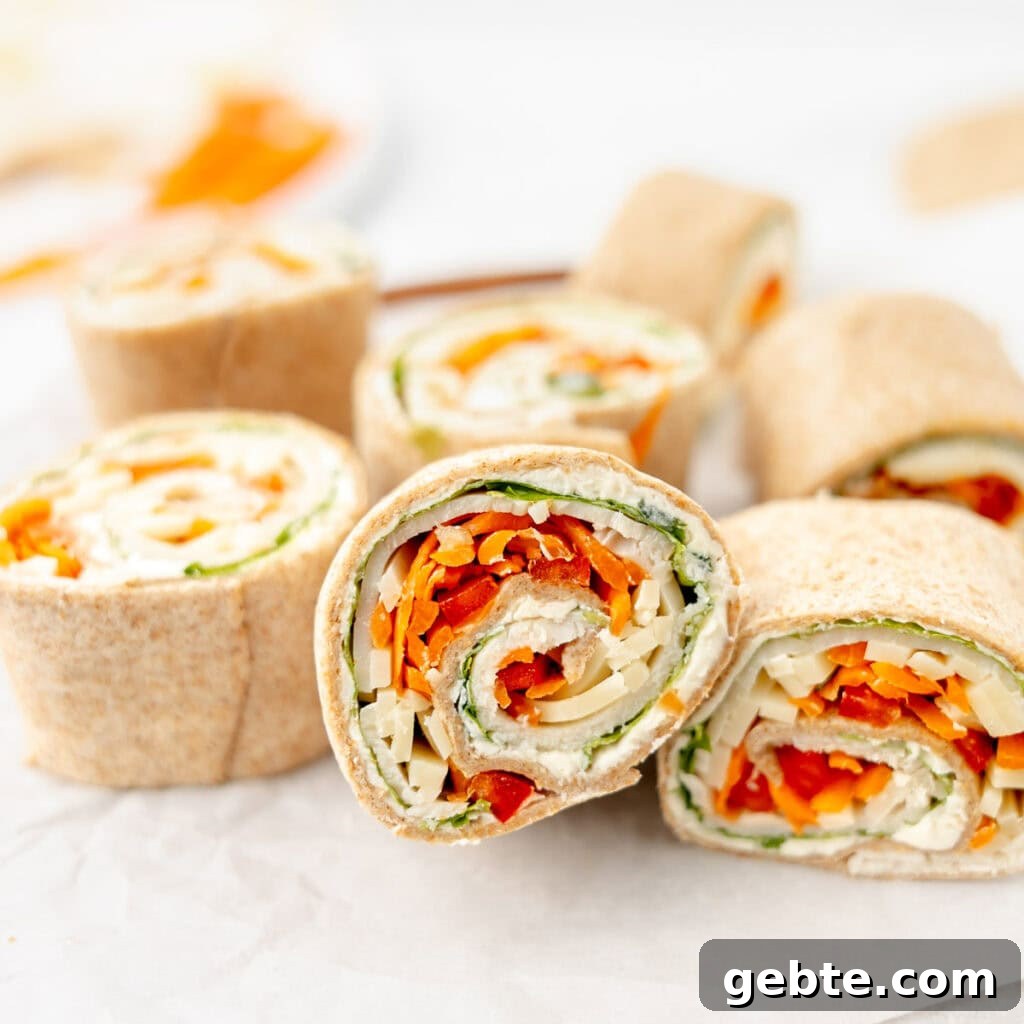 Close-up of vegetable wraps sliced into pinwheels.