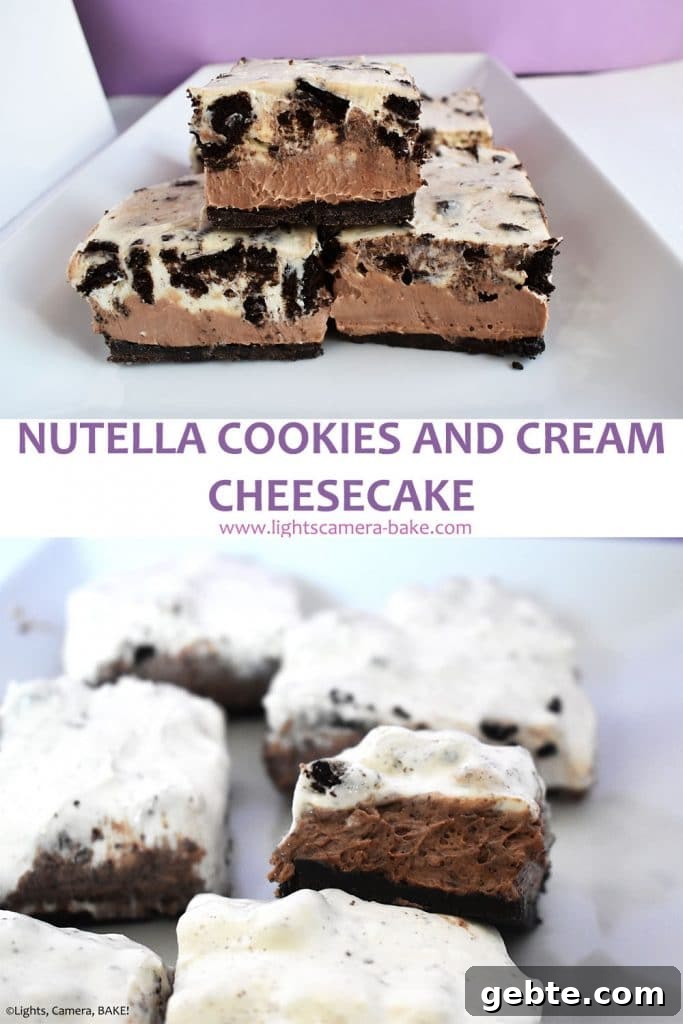 Nutella Cookies and Cream Cheesecake Recipe 18 Long pinterest image with two images and a title.