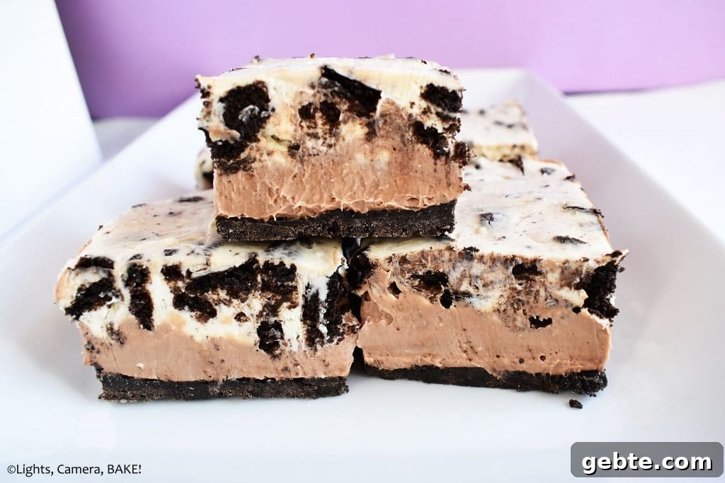 Nutella Cookies and Cream Cheesecake Recipe 5 Nutella cookeis and cream cheesecake on a white plate.