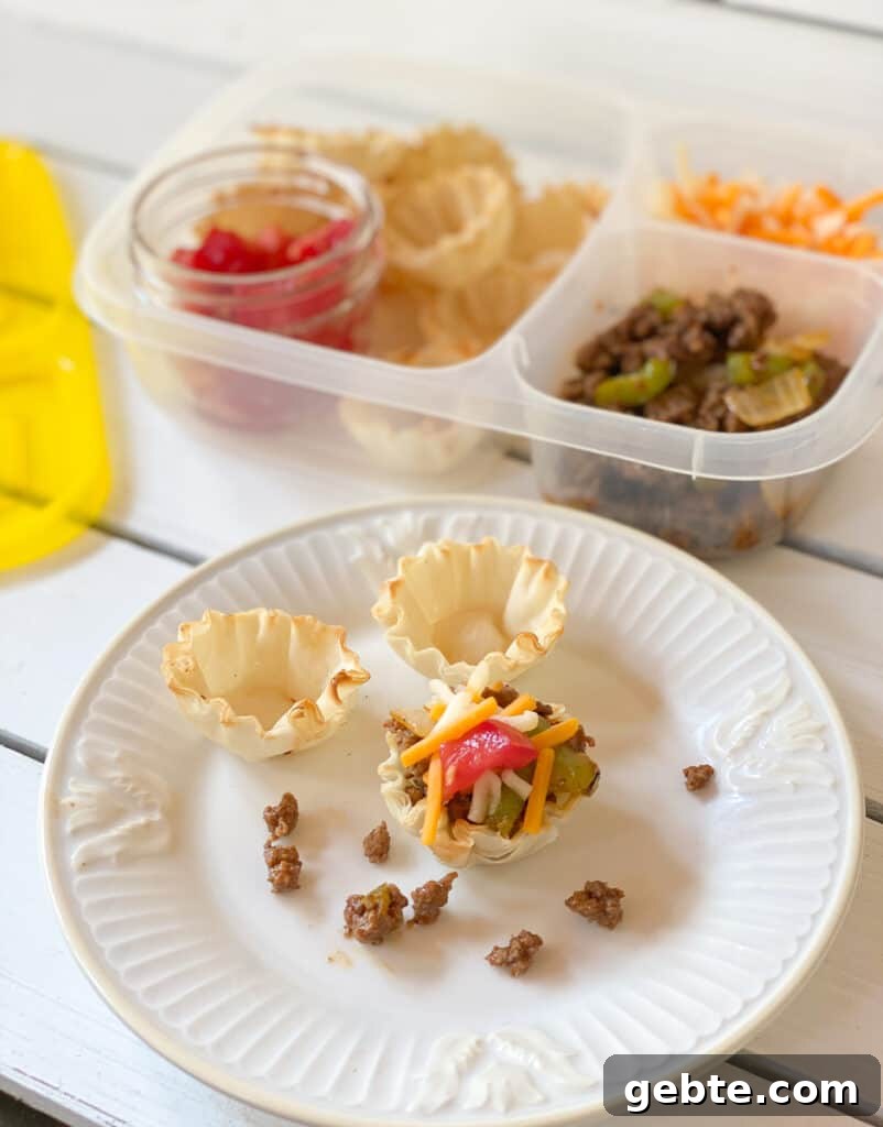 Homemade Lunchable Ideas Kids Will Love 6 phyllo cups filled with ground meat tomatoes and cheese on a plate