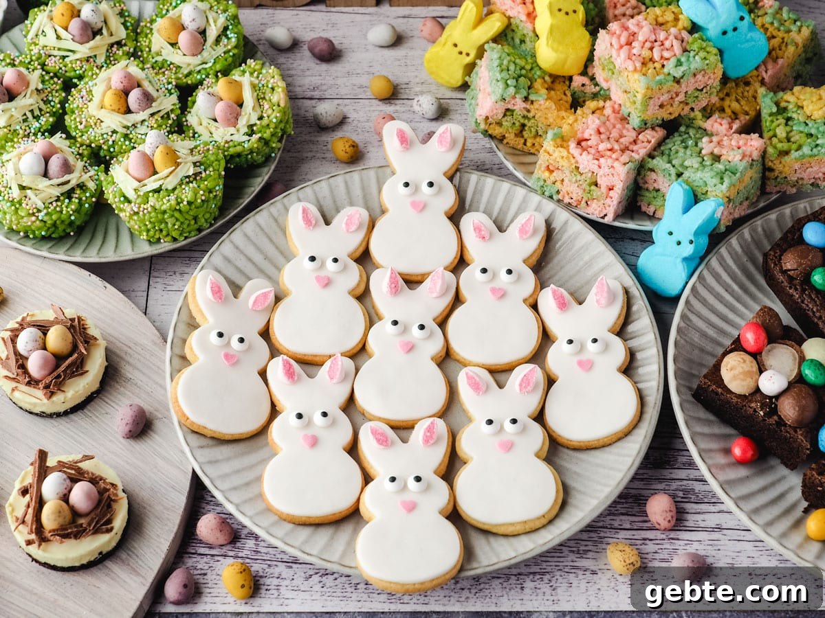Easter Bunny Cookies Recipe: Step-by-Step Guide 2 Bunny cookies on a plate surrounded by Easter desserts and decorations.