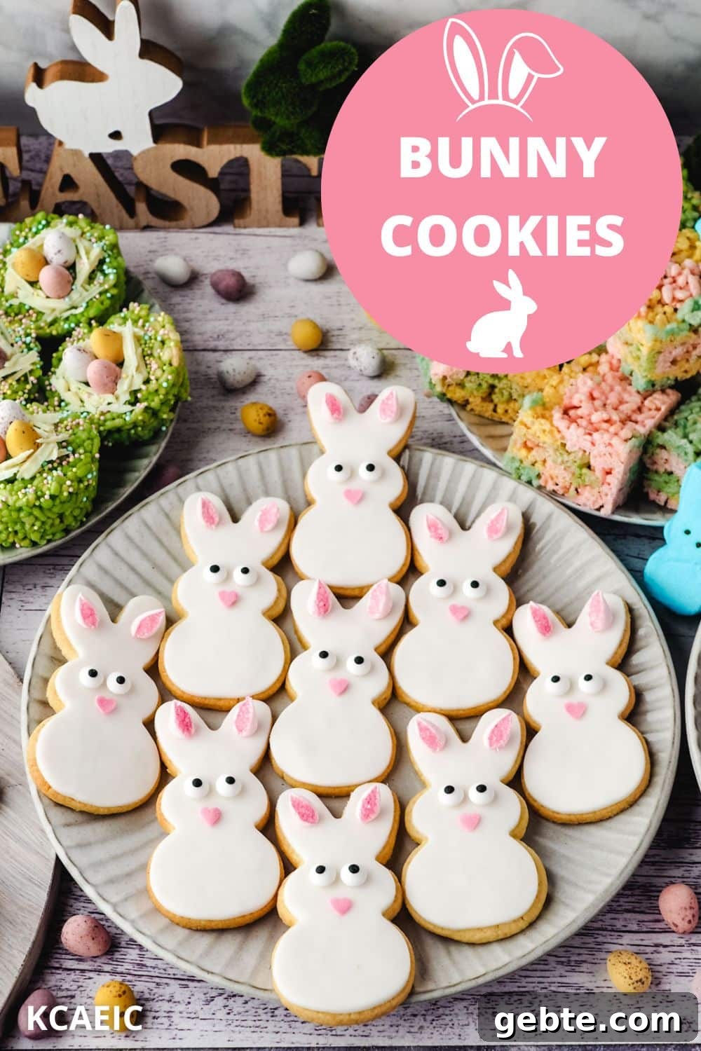 Easter Bunny Cookies Recipe: Step-by-Step Guide 8 Bunny cookies on a plate surrounded by Easter desserts and decorations.