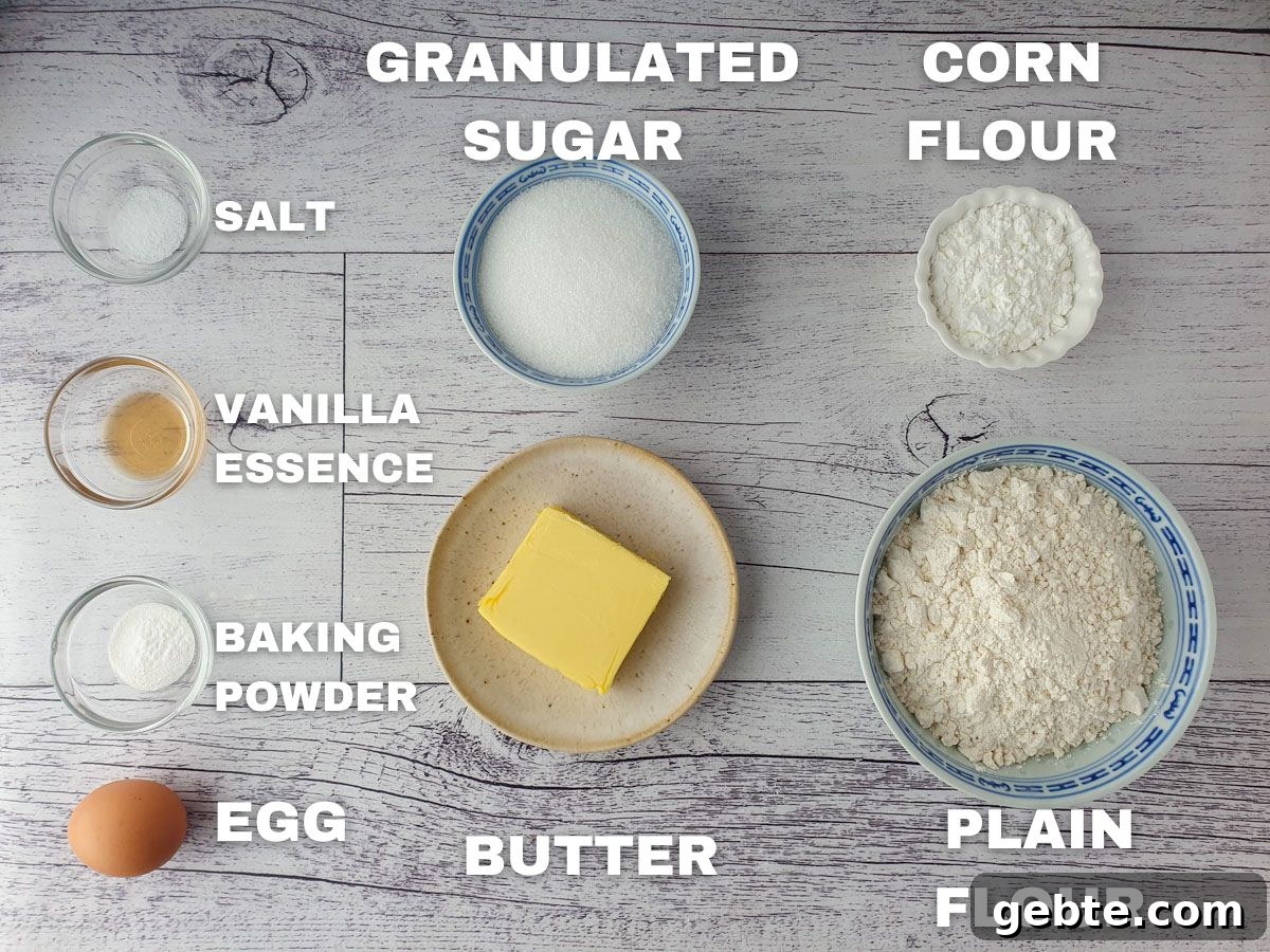 Easter Bunny Cookies Recipe: Step-by-Step Guide 3 Ingredients, plain flour, corn flour, butter, granulated sugar, egg, baking powder, vanilla essence, salt.