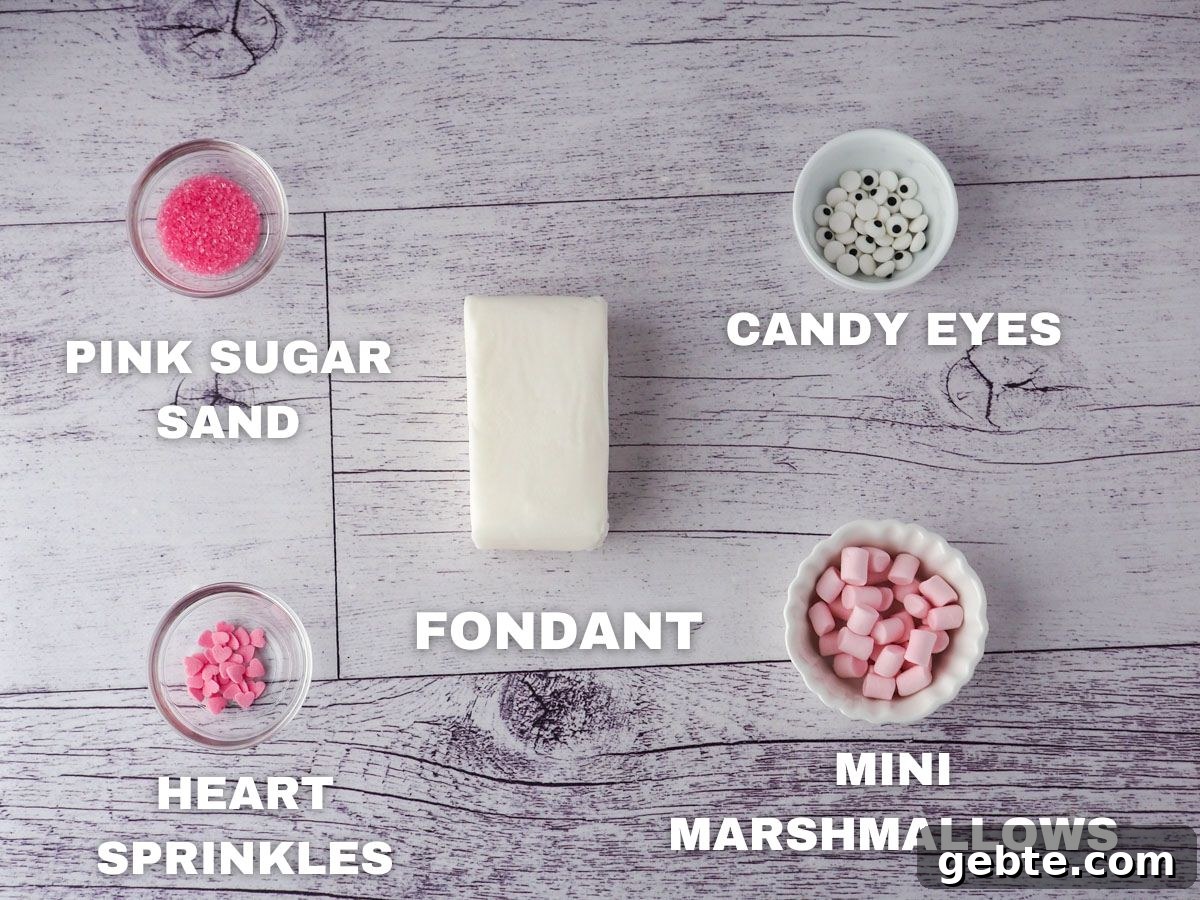 Easter Bunny Cookies Recipe: Step-by-Step Guide 4 Decoration ingredients, pink sugar sand, heart sprinkles, fondant, candy eyes, mini marshmallows.