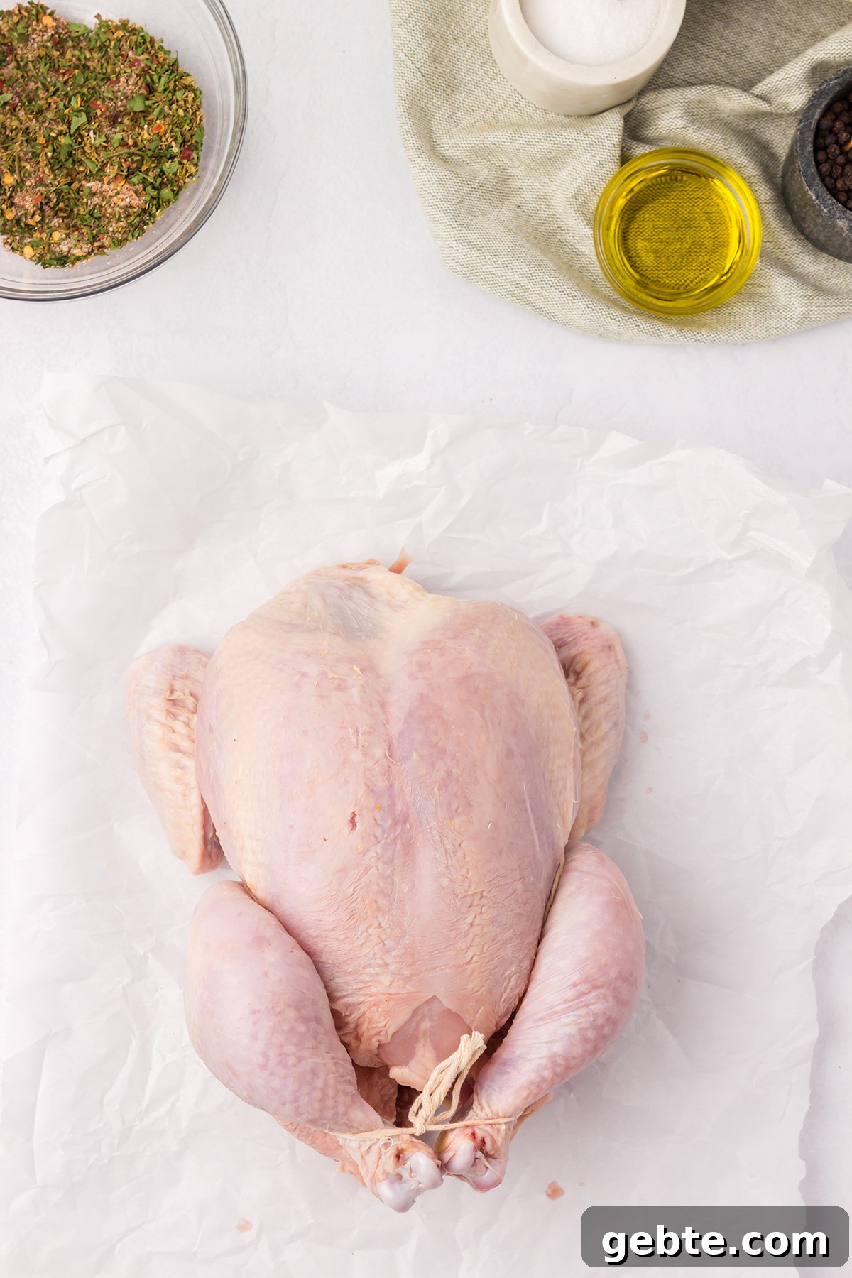 Whole Chicken on parchment paper ready to season.