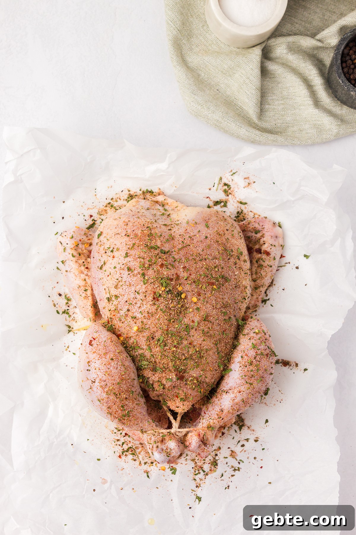 Seasonings rubbed over whole chicken.