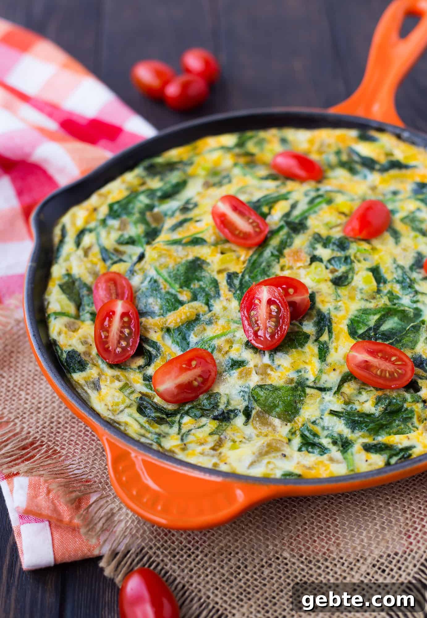 Green Chile Egg White Frittata 3 Green chile and spinach frittata in orange pan.