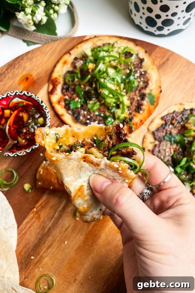 Hand holding torn pieces of a dumpling taco with more tacos in the background.