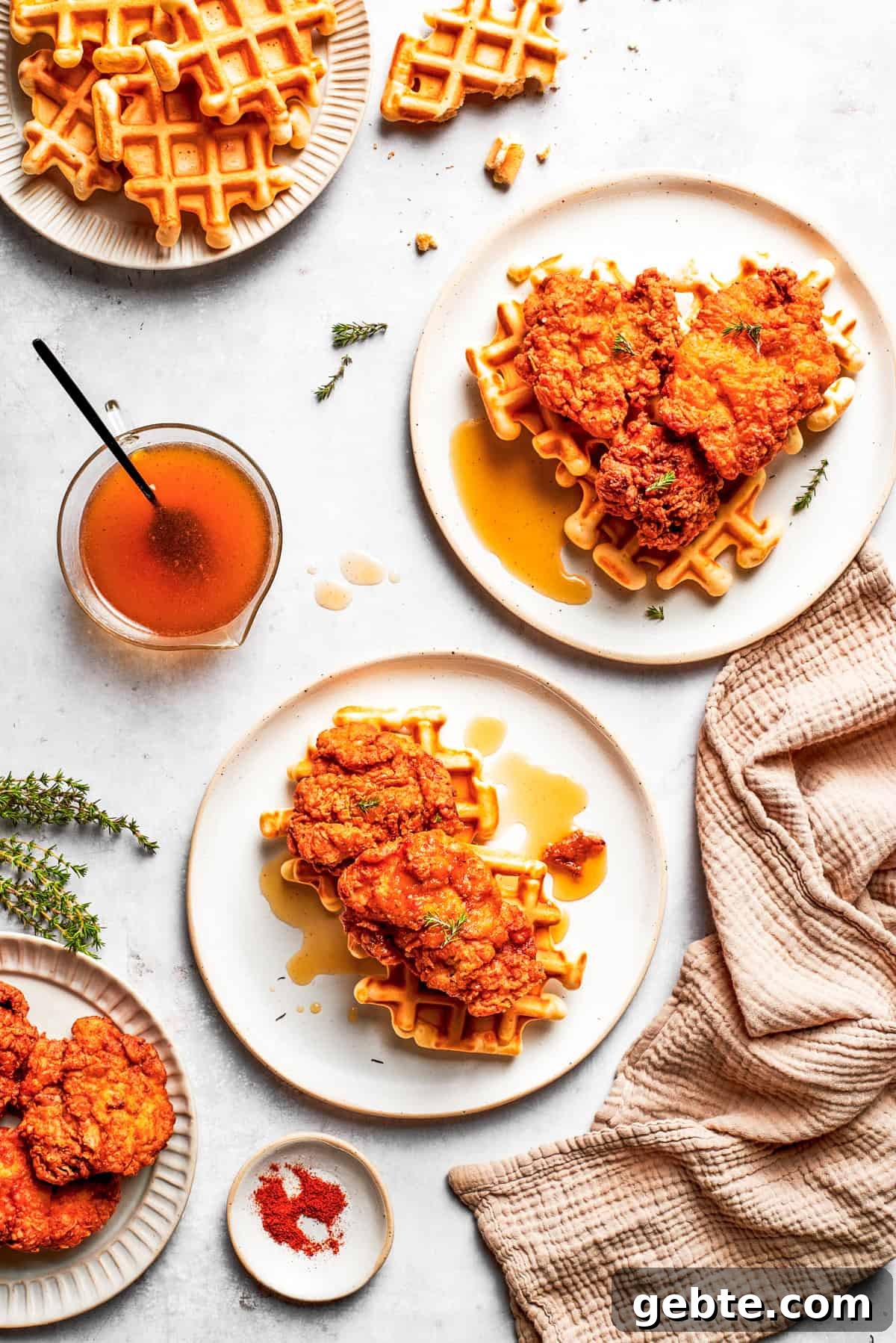 Chicken and waffles served on dinner plates.