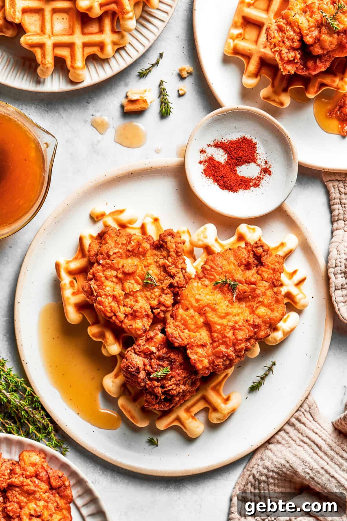 Fried chicken on top of waffles with melted honey butter.