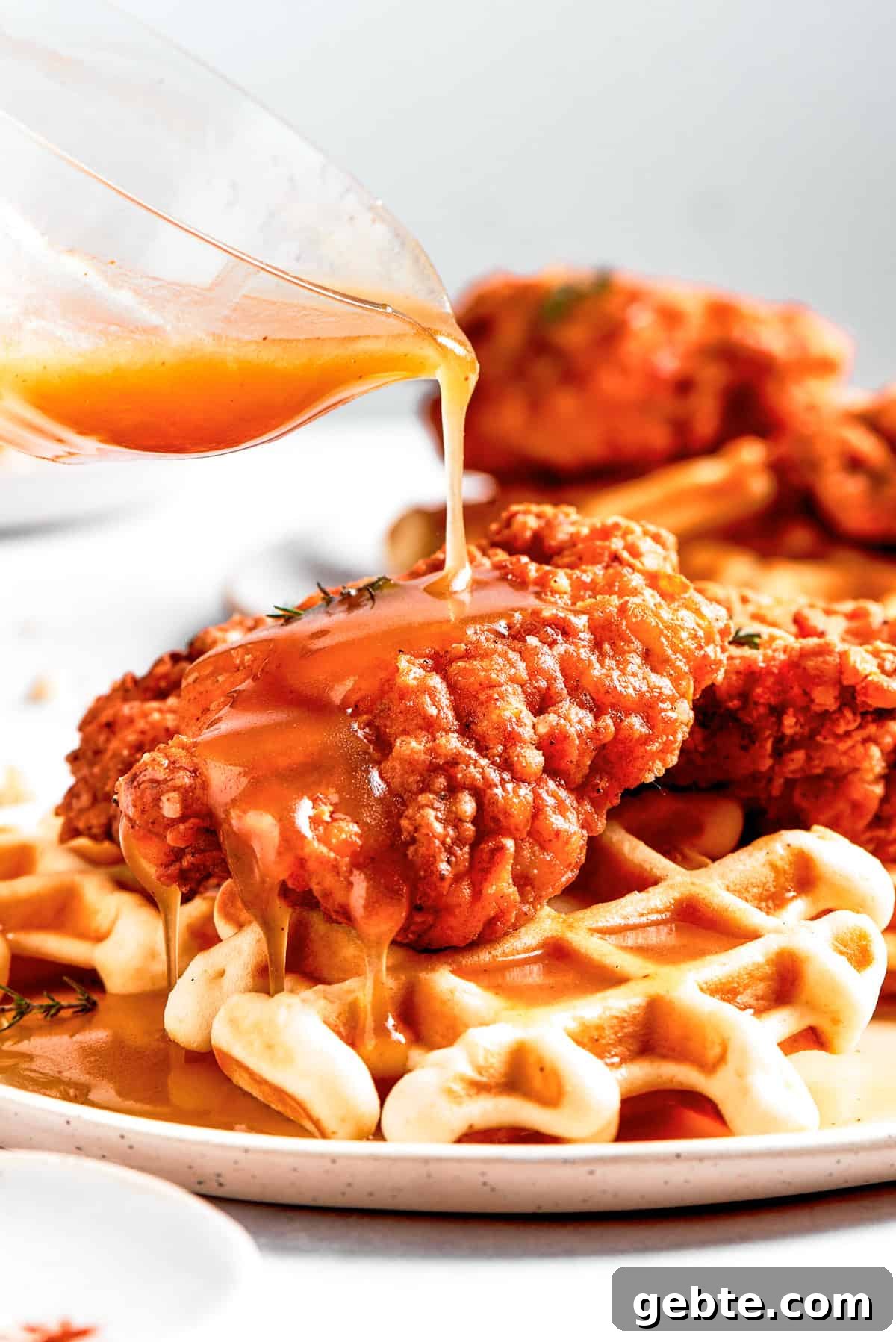 Pouring sauce over waffles and fried chicken.