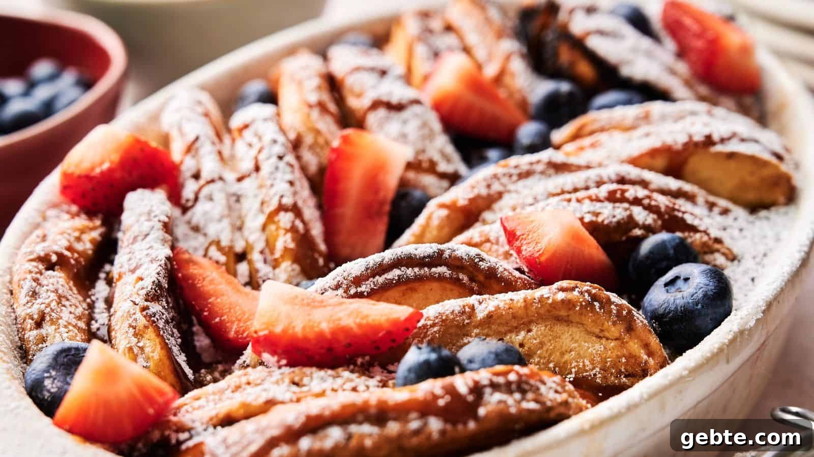 A baked French toast casserole topped with powdered sugar, sliced strawberries, and blueberries in a white dish.