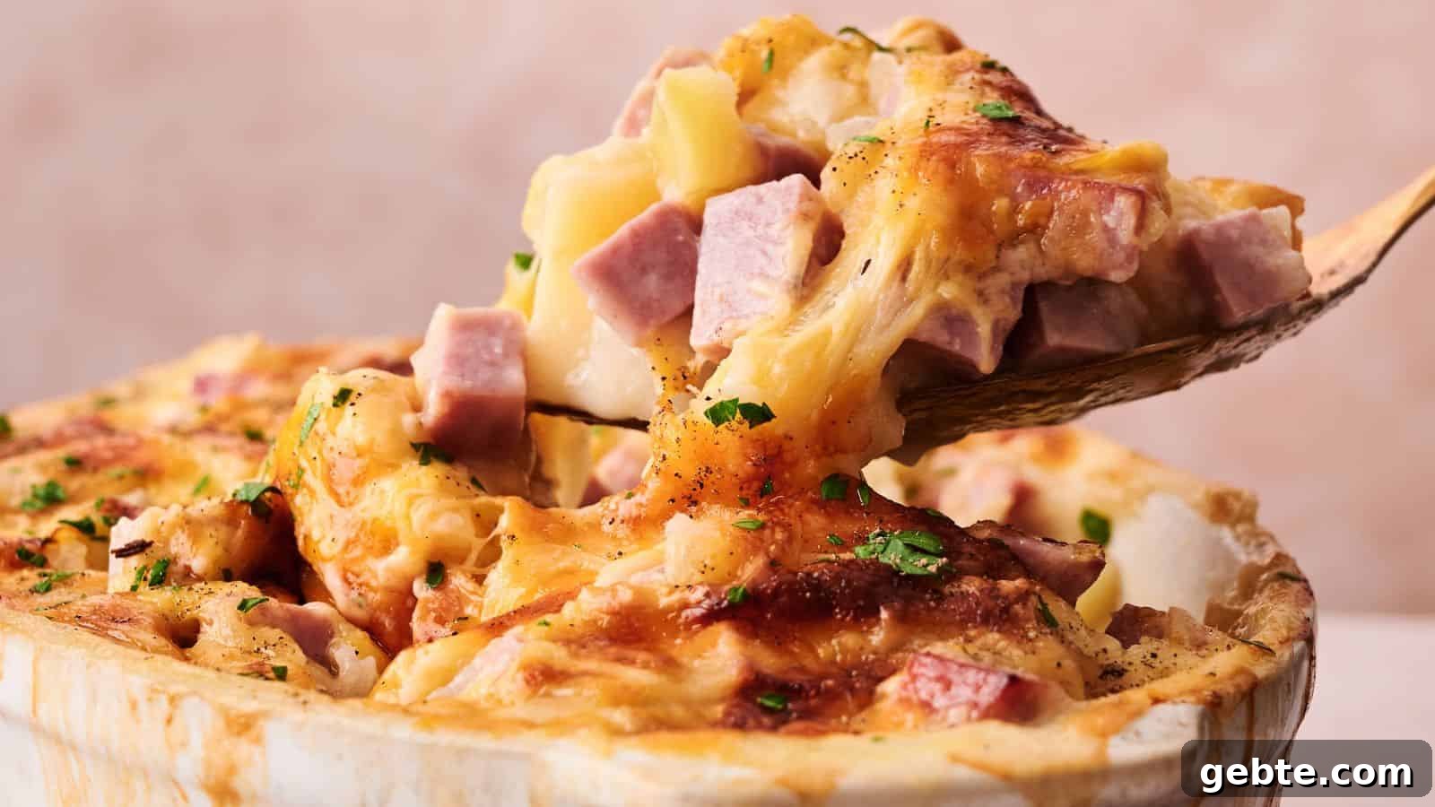 A wooden spoon lifts a serving of cheesy casserole with chunks of ham and potatoes from a baking dish.
