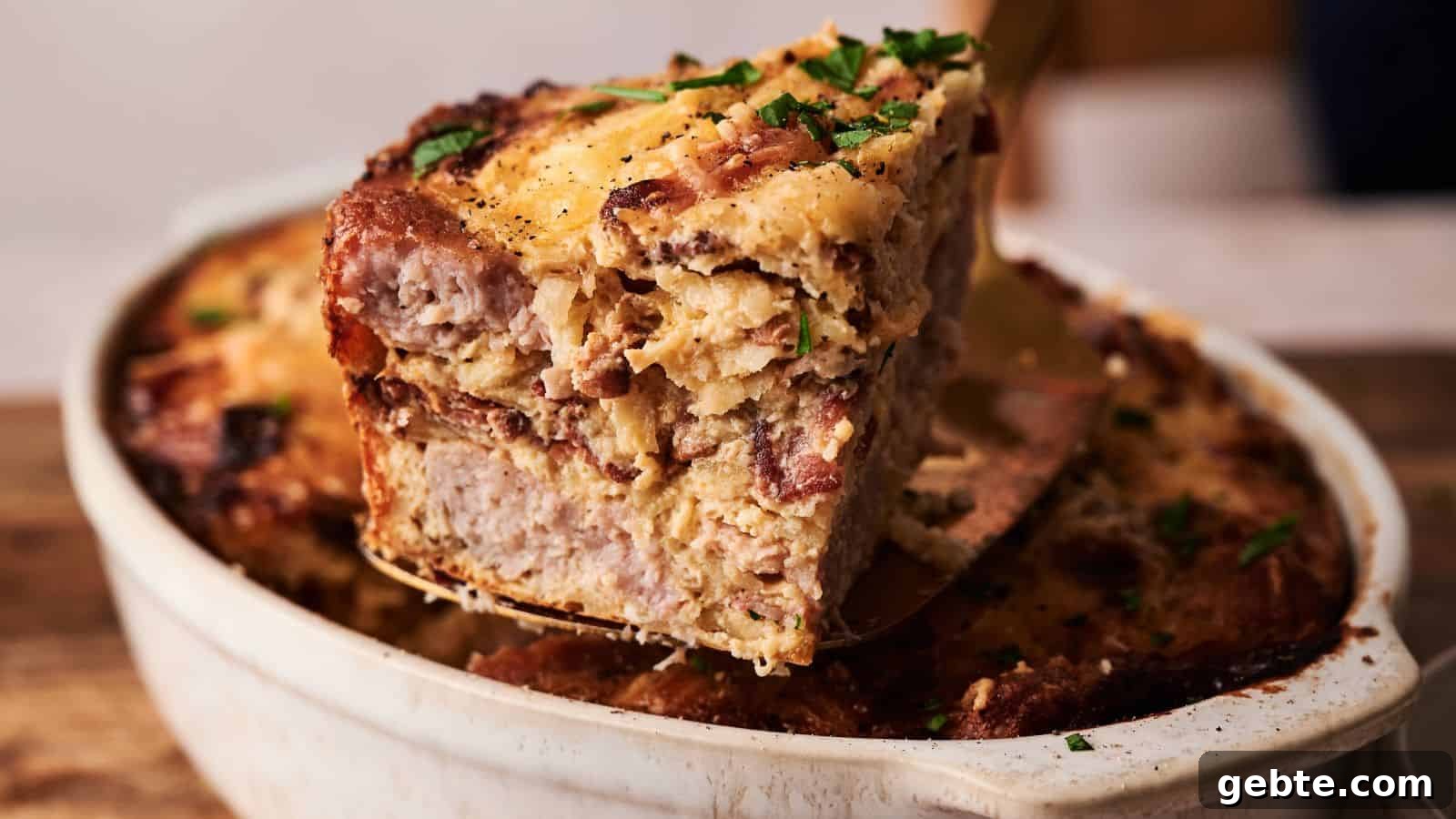 A close-up of a serving of savory bread pudding with bacon and herbs being lifted from a white baking dish.