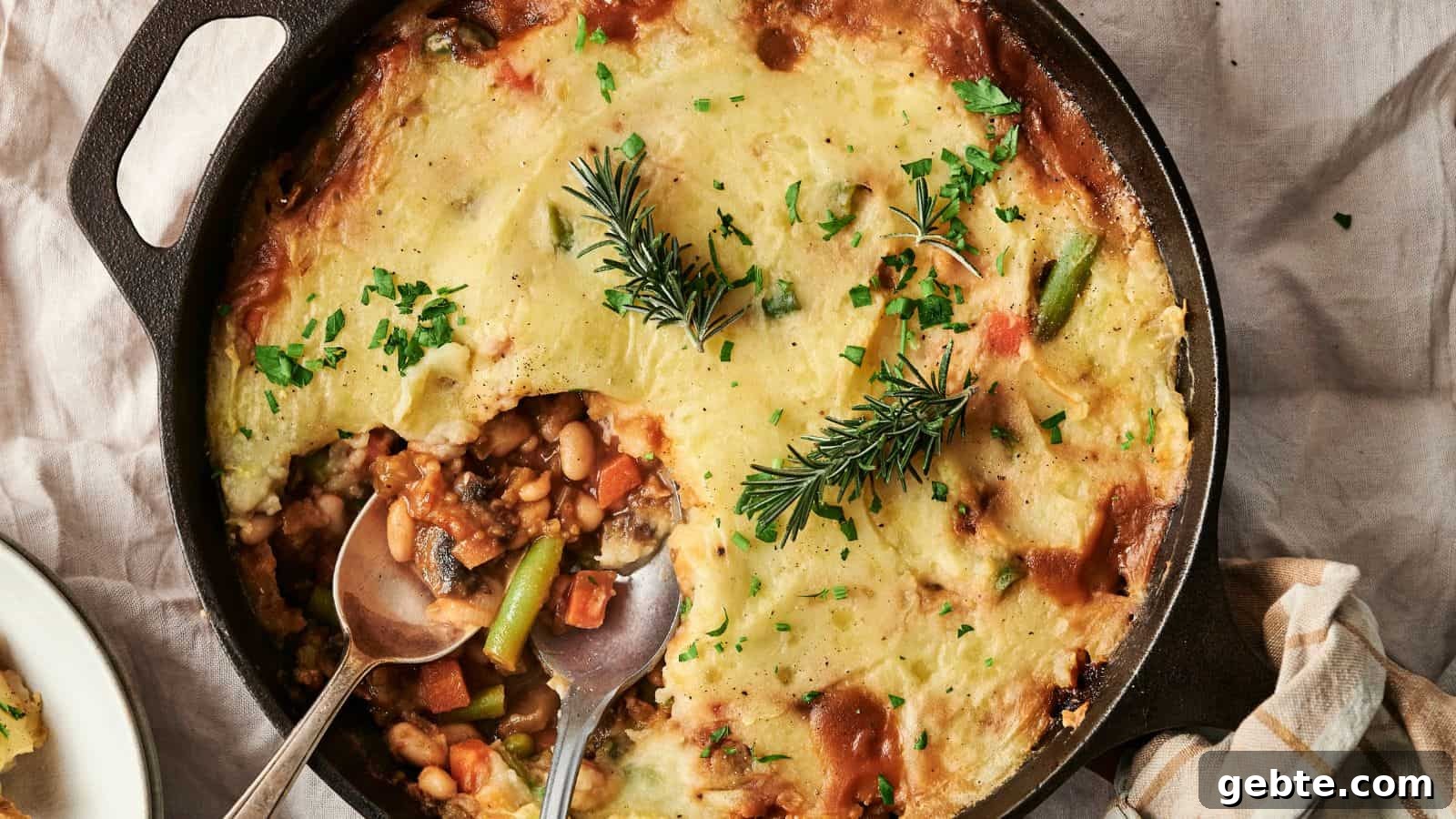 A cast iron skillet filled with vegetable shepherd's pie, topped with mashed potatoes and garnished with rosemary sprigs and chopped parsley. Two spoons are placed inside.