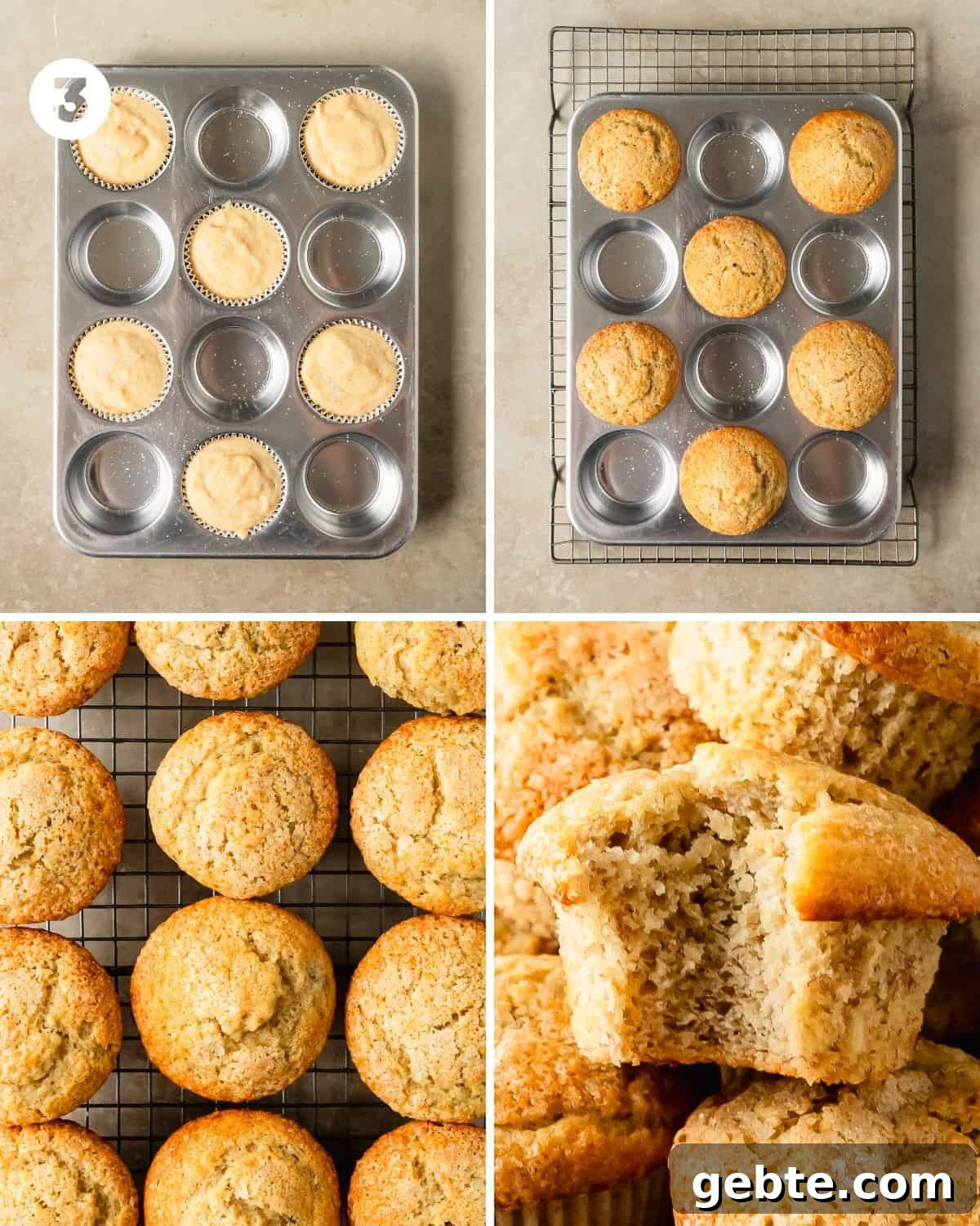 Moist Banana Buttermilk Muffins Recipe 6 Bake the muffins at 425 F (218 C) for 8 minutes. Without opening the oven door, reduce the oven temperature to 350 F (177 C). Bake the muffins for an additional 8 - 10 minutes (16 - 18 minutes total). The muffins are done when a toothpick inserted into the center comes about with a few moist crumbs or when a finger pressed gently into the center of the muffins quickly bounces back. Cool the bakery style banana muffins in the muffin pan for 5 - 10 minutes. Carefully remove the muffins to cool to room temperature and enjoy.