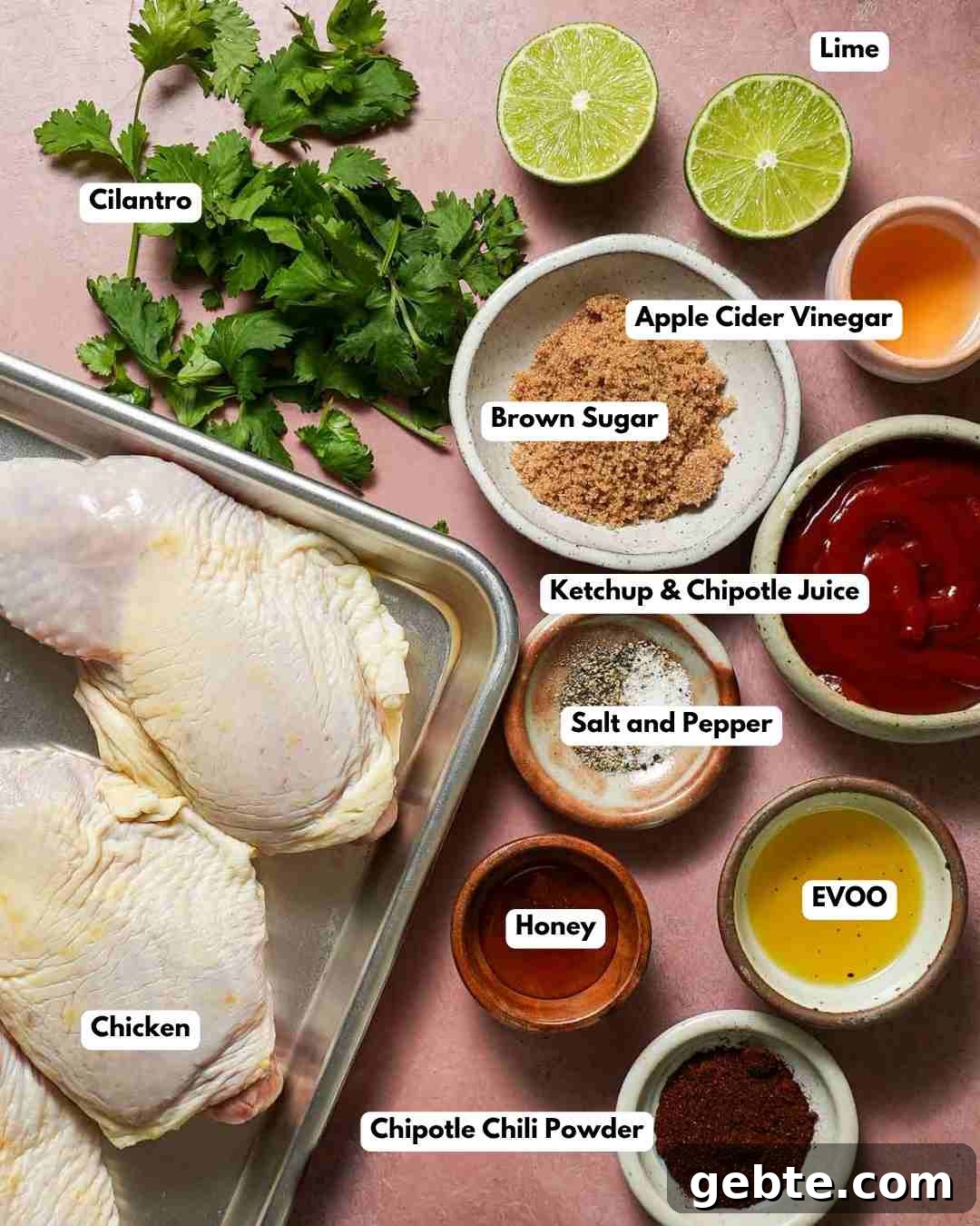 All the ingredients laid out to make honey chipotle chicken.