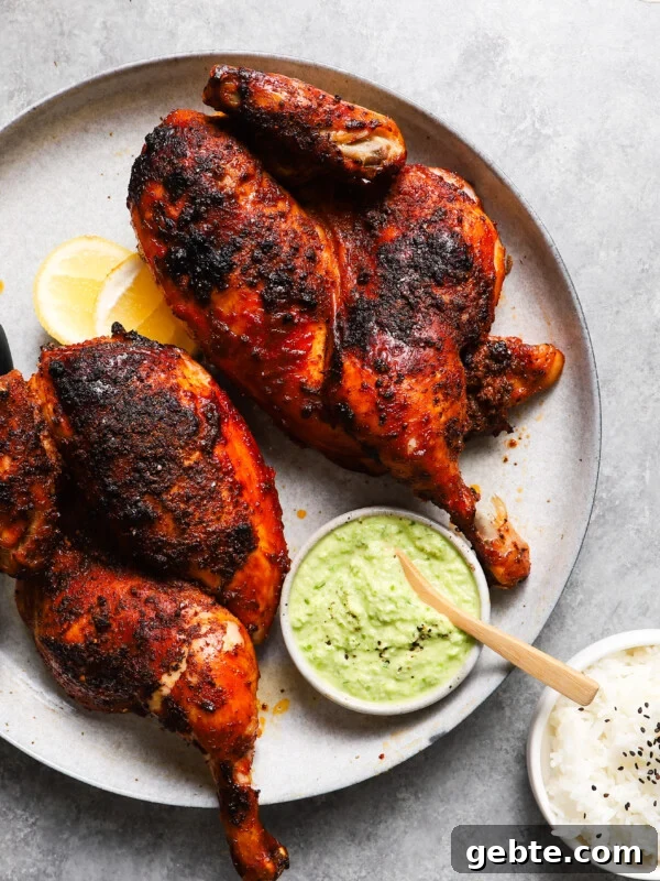 Grilled chicken with a spicy crust, dip, lemon slices, and rice.