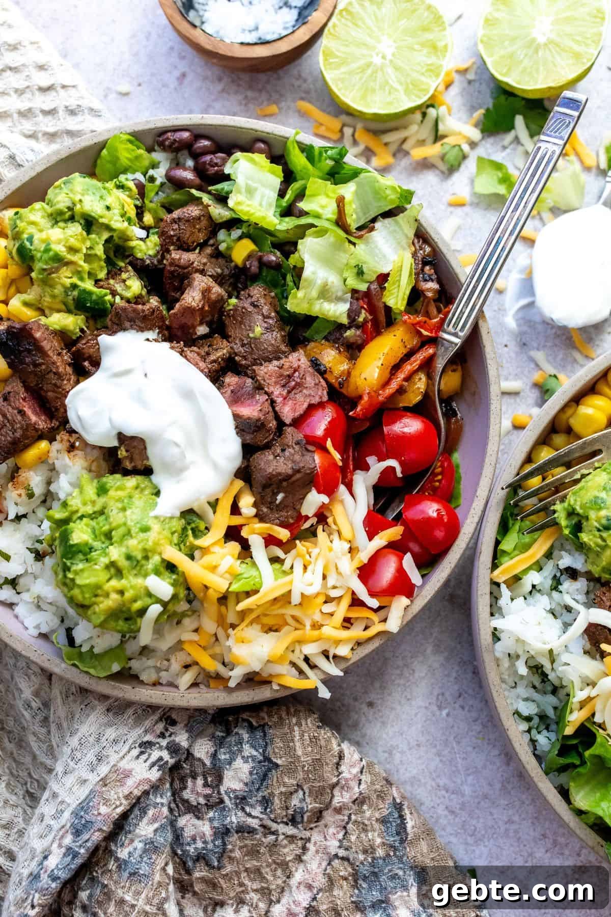 Steak Rice Bowl Recipe with Soy-Garlic Marinade 2 Ceramic bowl with steak and rice in it. Lots of toppings and a fork.