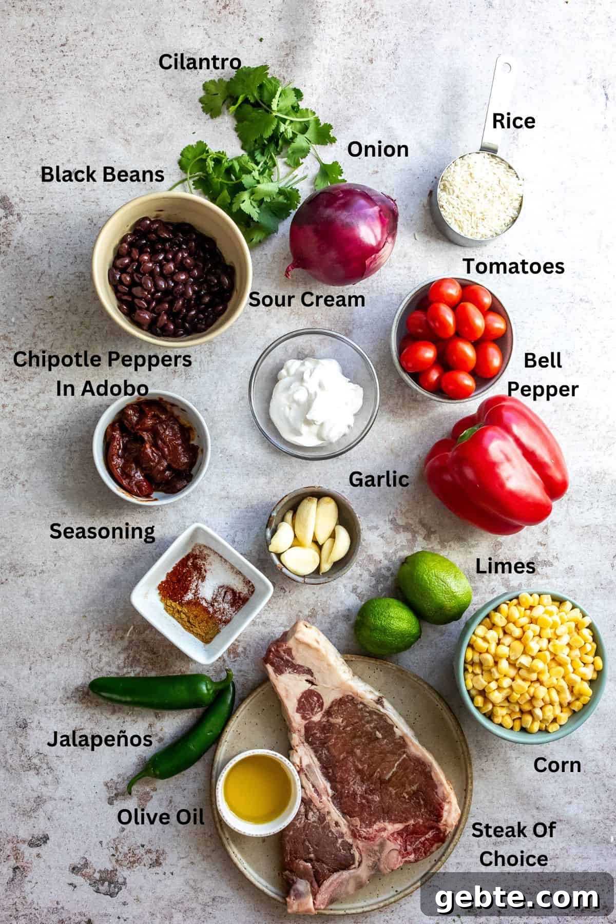 Steak Rice Bowl Recipe with Soy-Garlic Marinade 3 Chipotle Steak Bowl Ingredients on a counter.