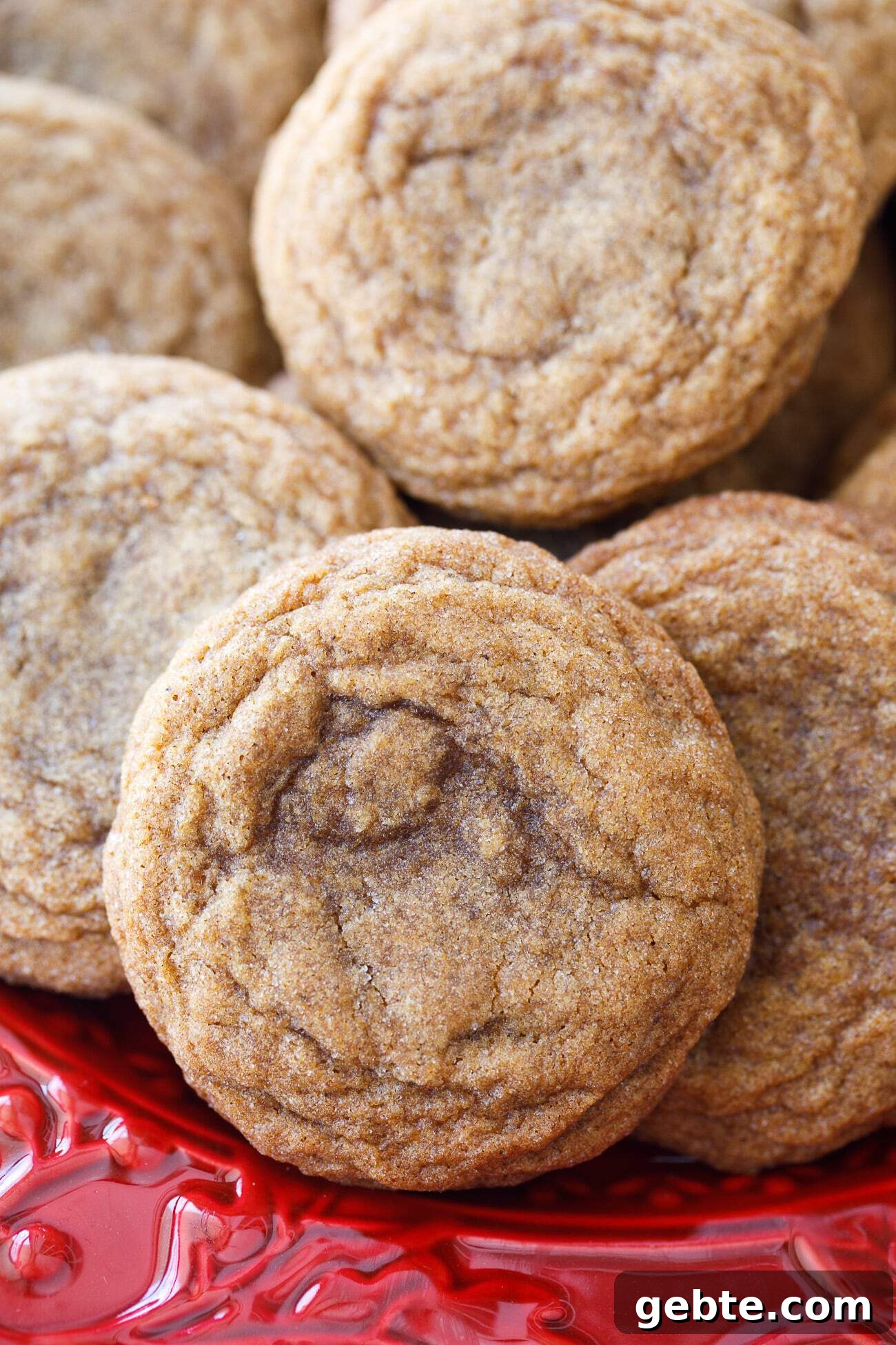 soft ginger molasses cookies on a red plate