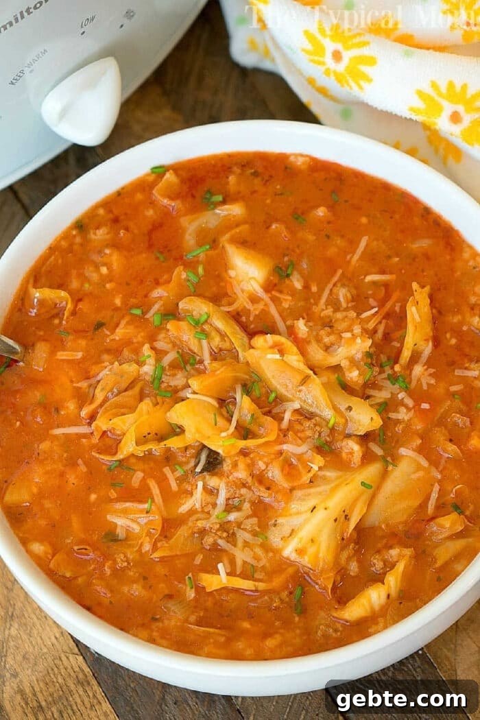 A bowl of hearty slow cooker stuffed cabbage soup with a rich tomato broth, shredded cabbage, rice, and fresh herbs on top.
