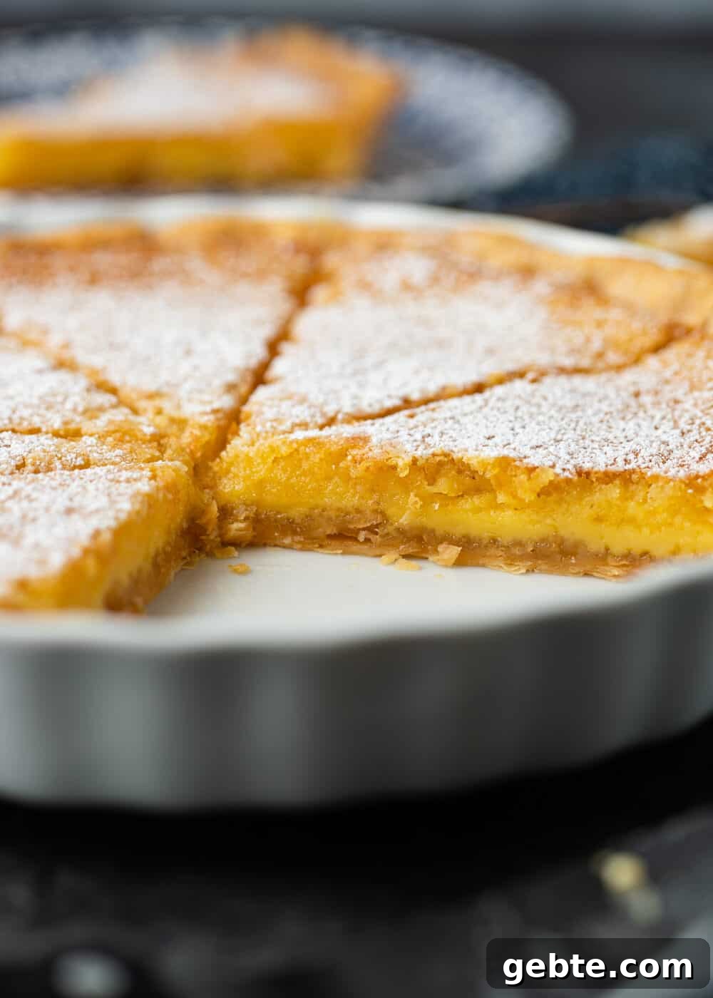 THE easiest lemon tart around. Lazy Mary's Lemon Tart uses an entire Meyer lemon and all the ingredients, besides the tart shell, get mixed in a blender. Smooth, fragrant and delicious! closeup side view: sliced lazy lemon tart in baking pan