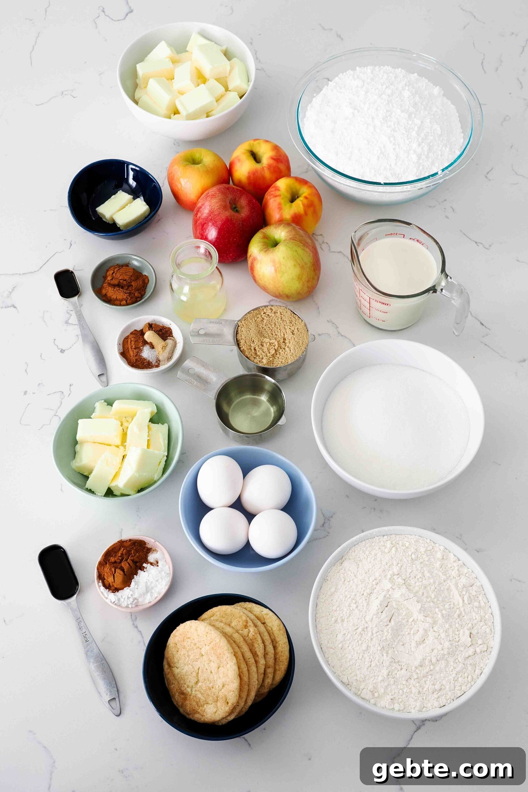 A collection of ingredients needed to make apple snickerdoodle layer cake.