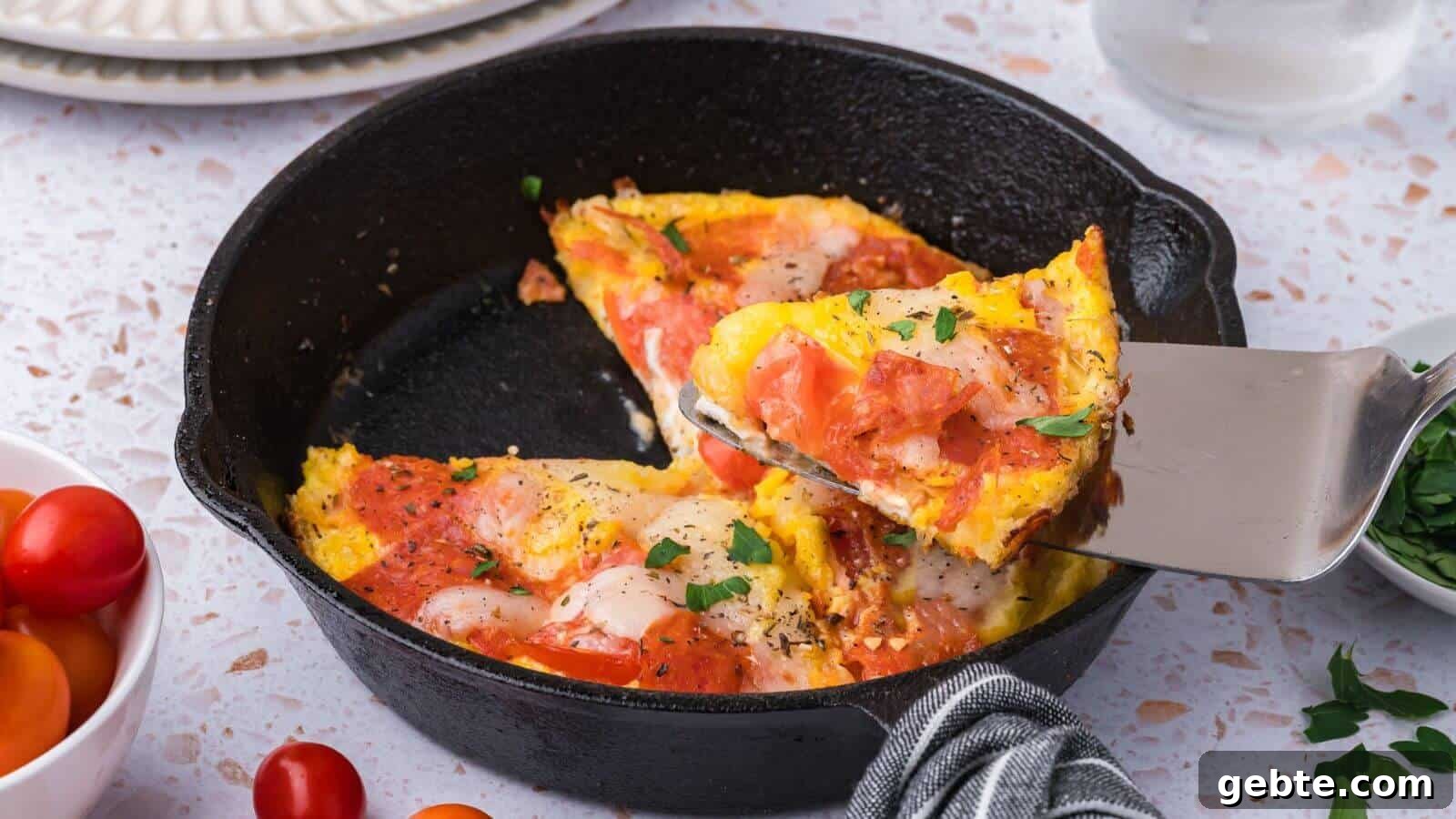 A slice of pizza is being lifted from a cast iron skillet, topped with pepperoni, cheese, and herbs. Nearby are cherry tomatoes and parsley.
