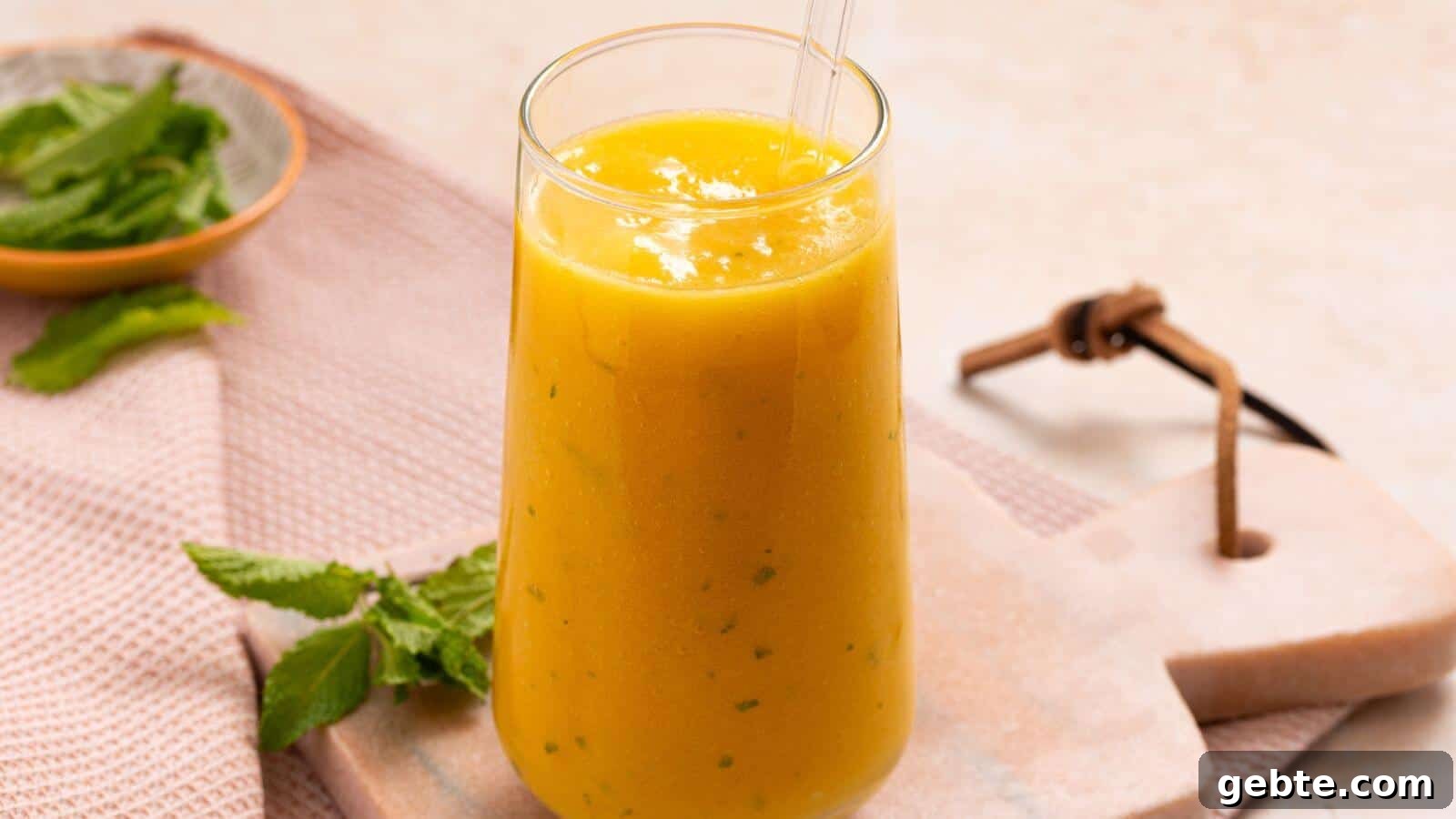 A tall glass of yellow smoothie is placed on a light-colored stone board with a glass straw. Fresh mint leaves and a cloth napkin are next to it.