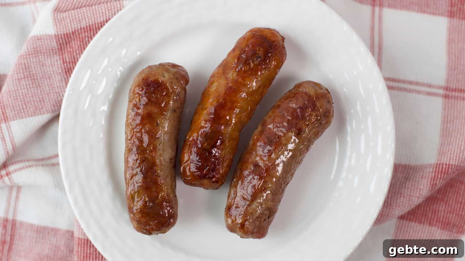 Three oven-baked sausages on a white plate with a red and white checkered napkin in the background.